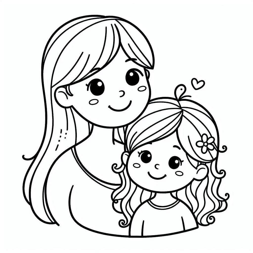 Desenho de Mãe e Filha Estão Felizes para Colorir e Pintar