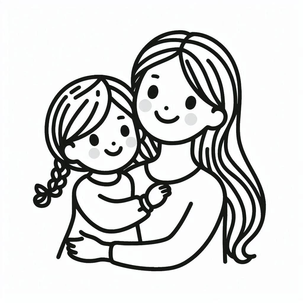 Desenho de Mãe e Filha Estão Sorrindo para Colorir e Pintar