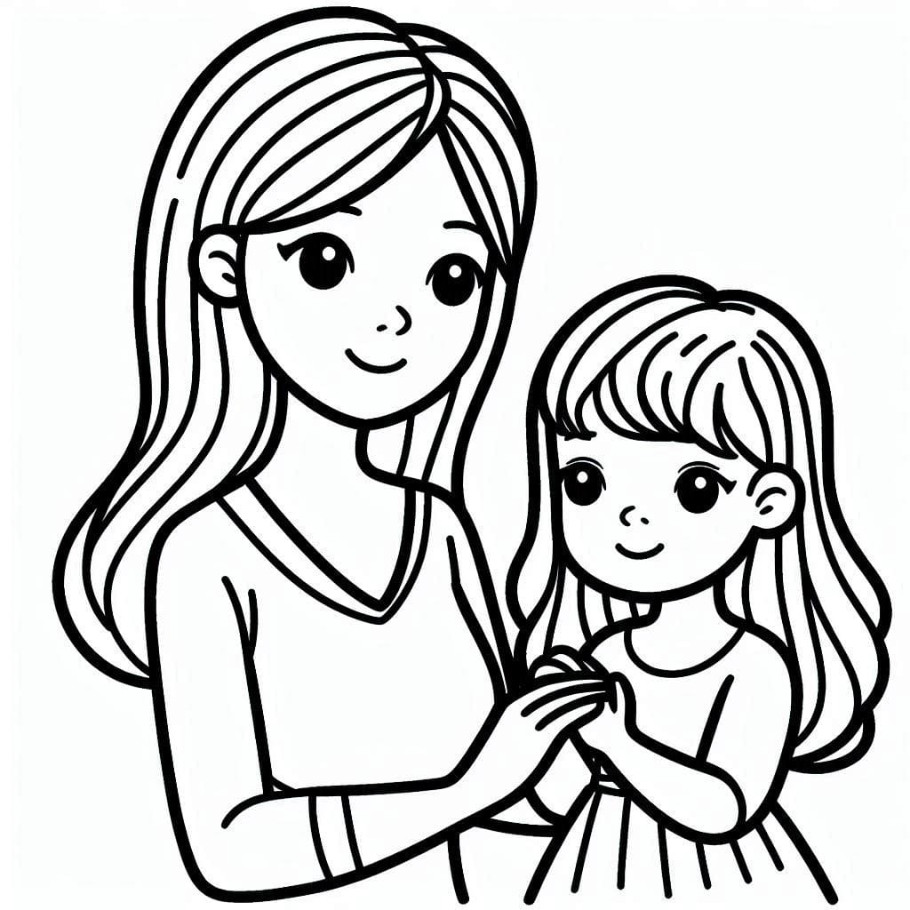 Desenho de Mãe e Filha São Adoráveis para Colorir e Pintar