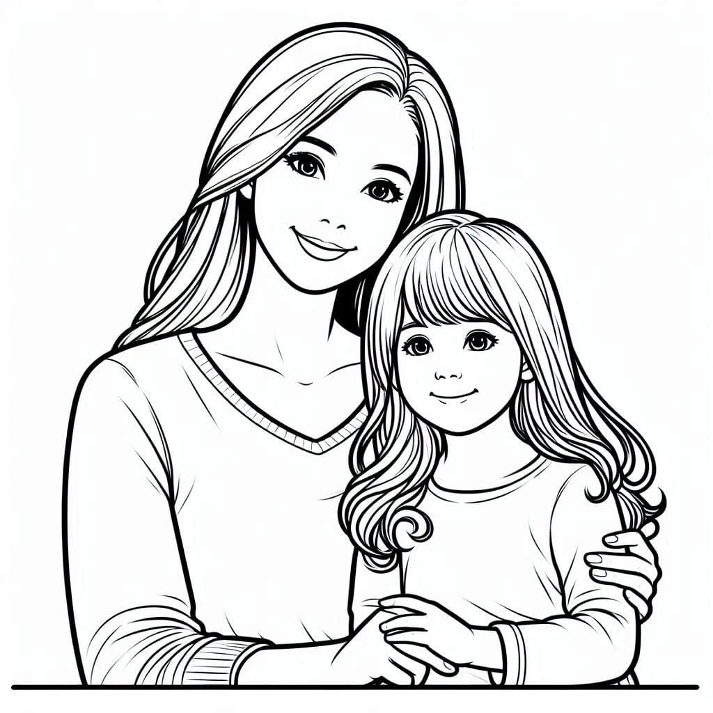 Desenho de Pintura de Mãe e Filha para Colorir e Pintar