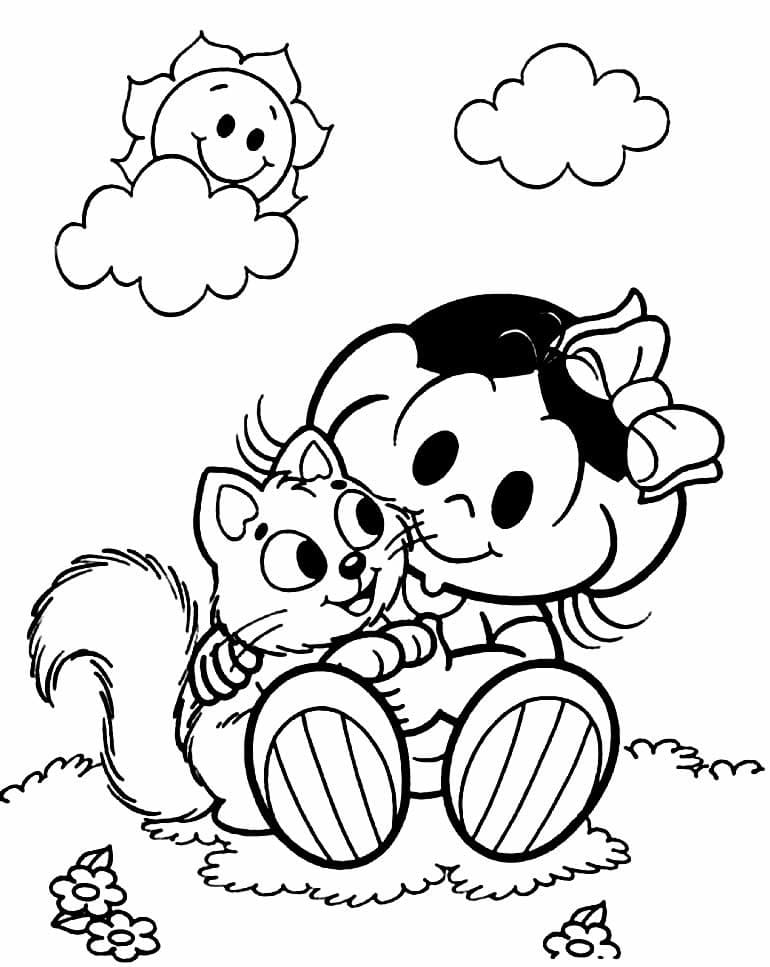 Desenho de Magali com Gatinha para Colorir e Pintar