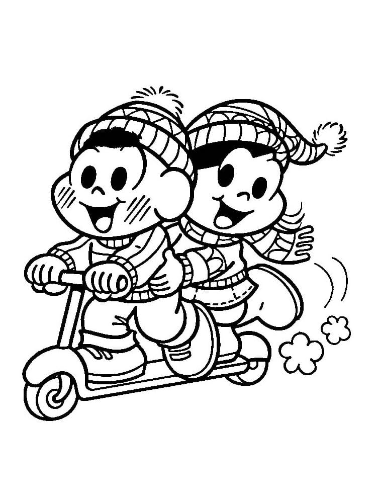 Desenho de Magali e Cascão Andando de Patinete para Colorir e Pintar