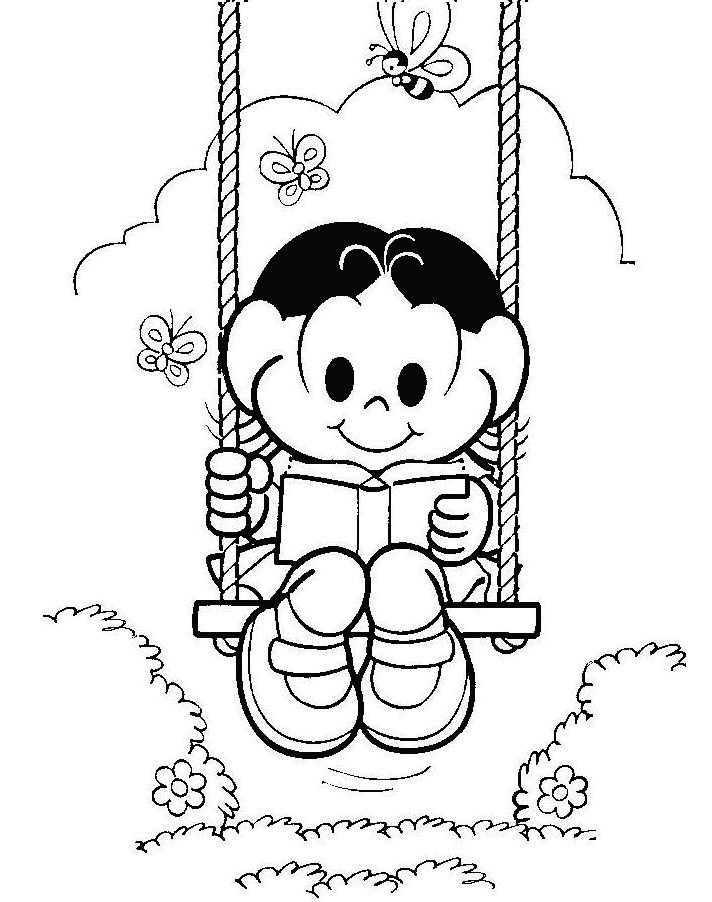 Desenho de Magali Lendo um Livro no Balanço para Colorir e Pintar