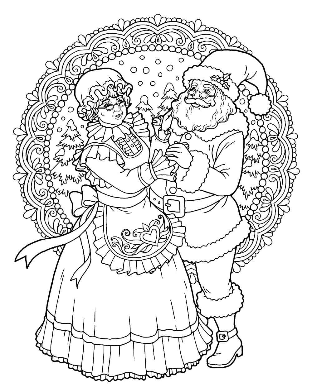 Desenho de Mamãe Noel com Papai Noel para Colorir e Pintar