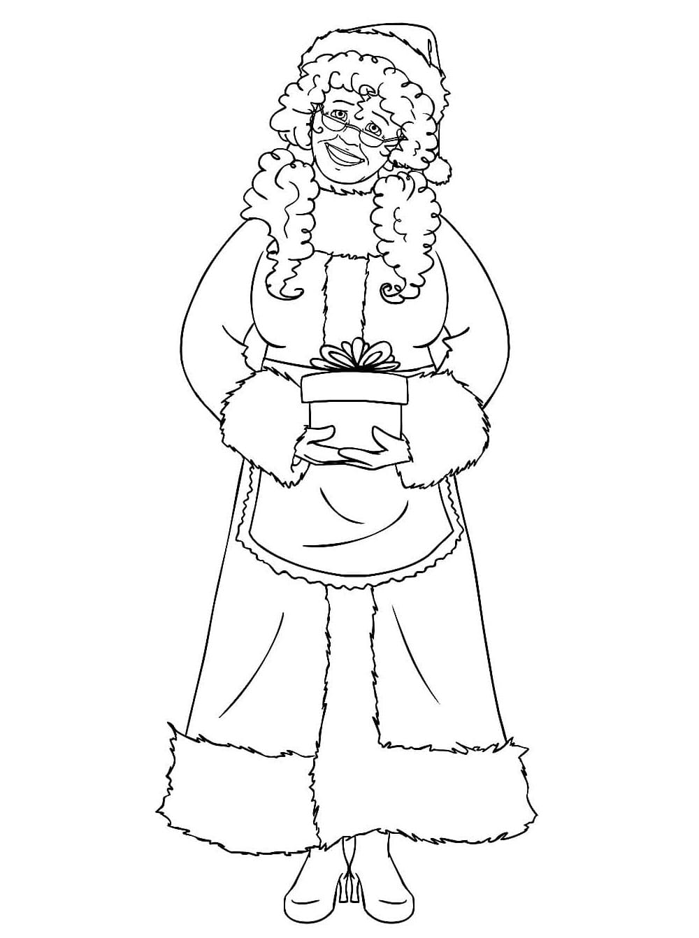 Desenho de Mamãe Noel e Presente para Colorir e Pintar