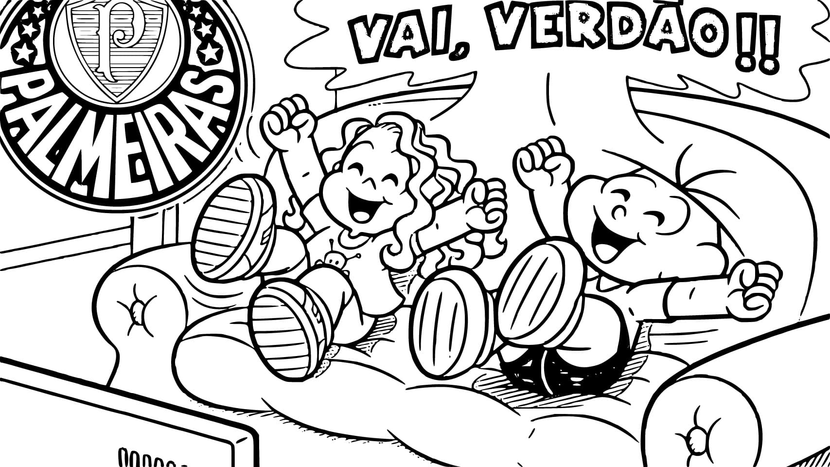 Desenho de Marina com Cebolinha Assisitndo Jogo do Palmeiras para Colorir e Pintar