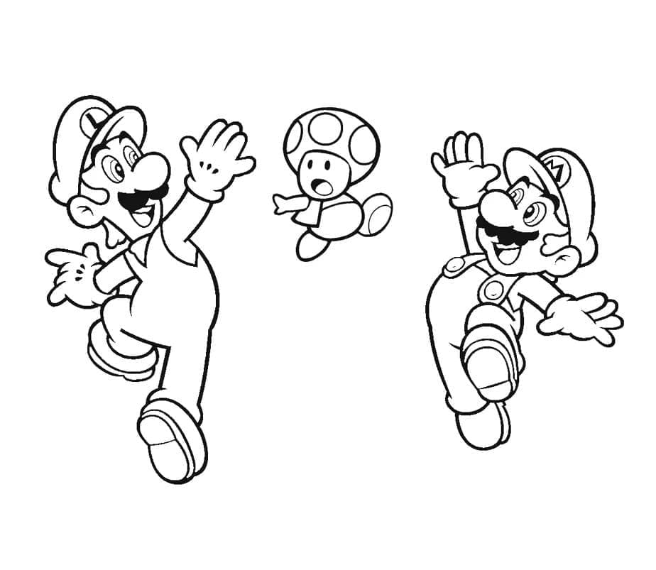 Desenho de Mário e Luigi com Toad para Colorir e Pintar