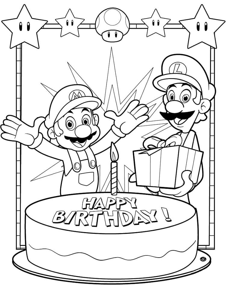 Desenho de Mário e Luigi Bolo de Aniversário para Colorir e Pintar