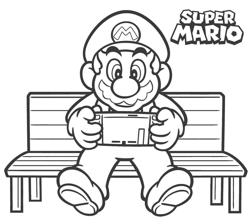 Desenho do Mário Sentado no Banco Jogando Game Boy para Colorir e Pintar