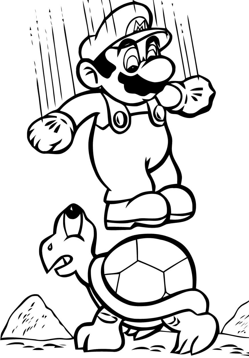 Desenho do Super Mário Pulando em Tartaruga para Colorir e Pintar