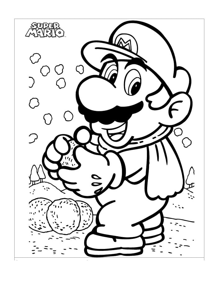 Desenho Mário com Bolas de Neve para Colorir e Pintar