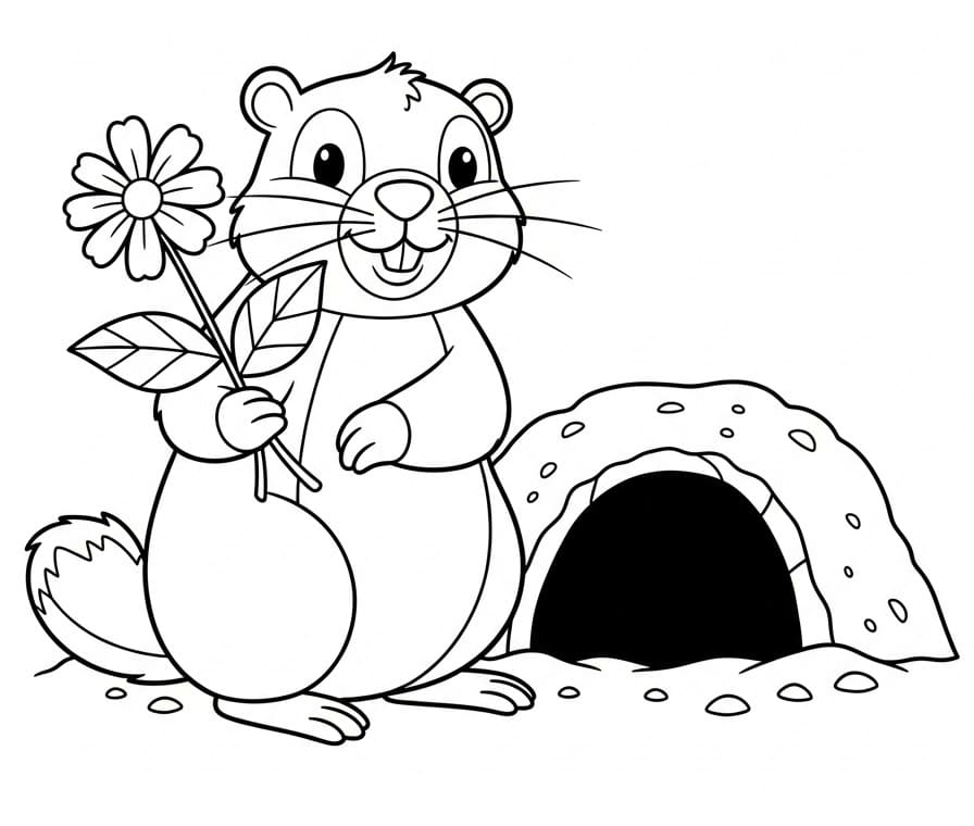 Desenho de Marmota com Flor para Colorir