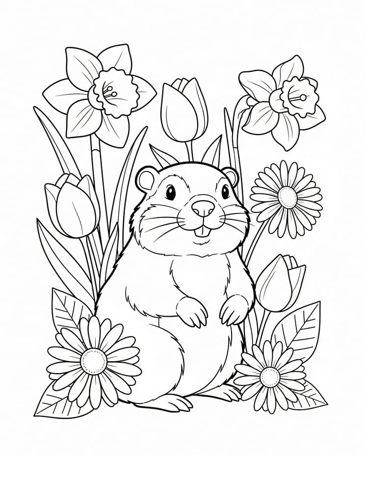 Desenho de Marmota com Flores para Colorir