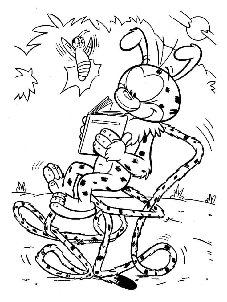 Desenho de Marsupilami Lendo Livro no Jardim para Colorir Crianças e Pintar