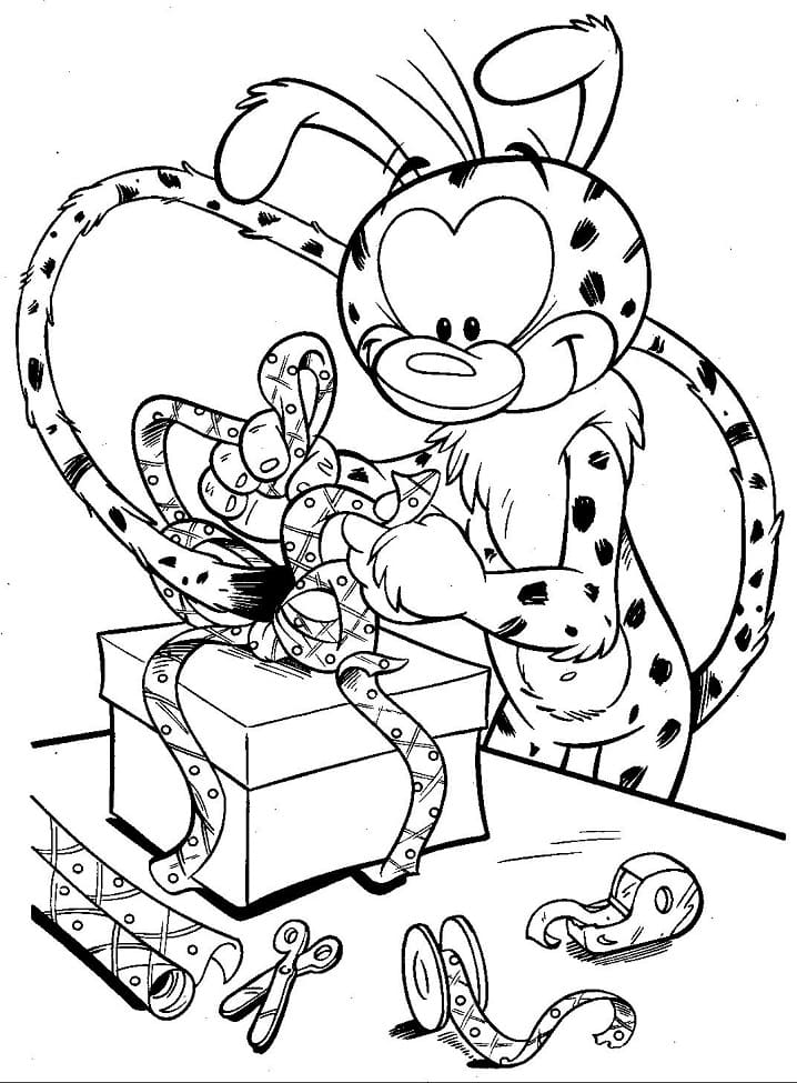 Desenho Imprimivel de Marsupilami Embrulhando Presente para Colorir Pdf e Pintar