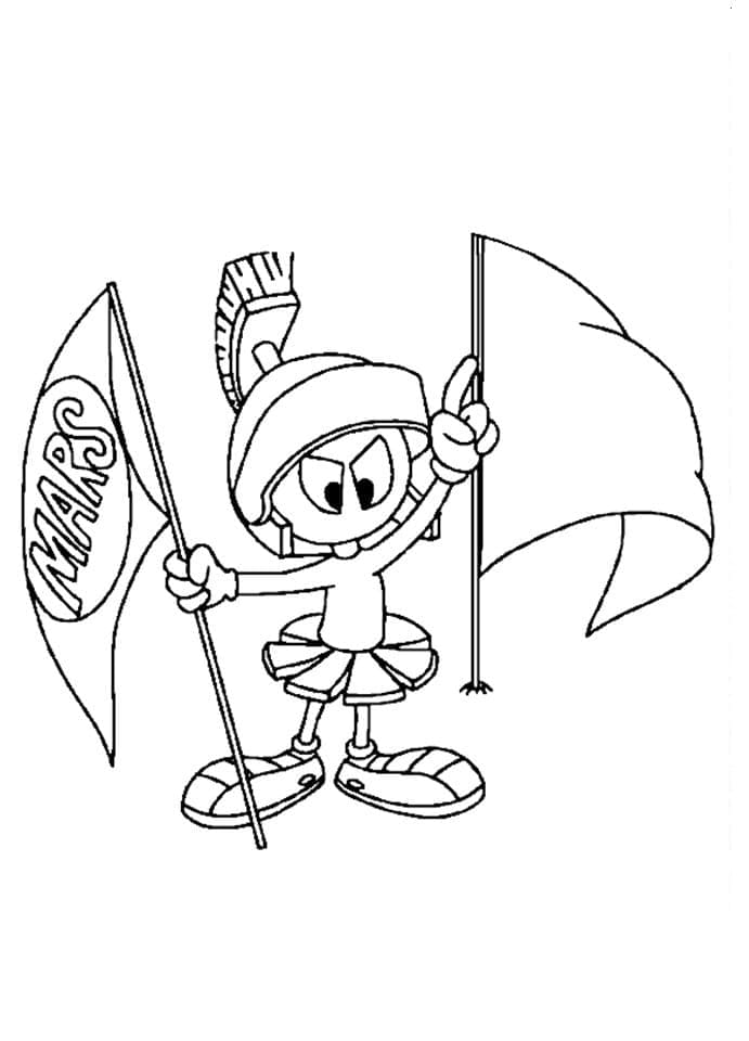 Desenho de Marvin o Marciano com Bandeiras para Colorir e Pintar