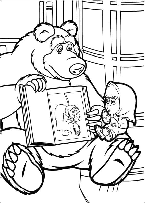 Desenho de Masha e o Urso Leram Livro para Colorir e Pintar
