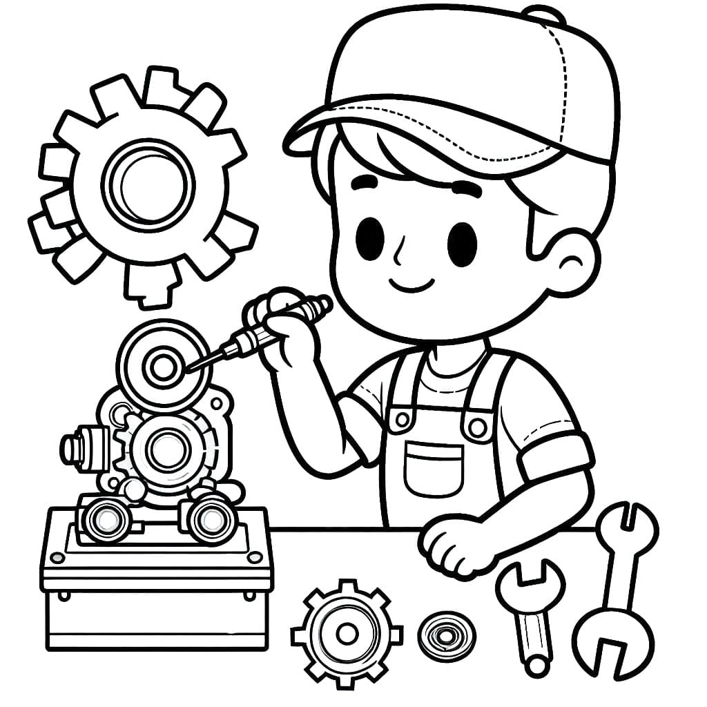 Desenho de um Mecânico Fofo para Colorir e Pintar