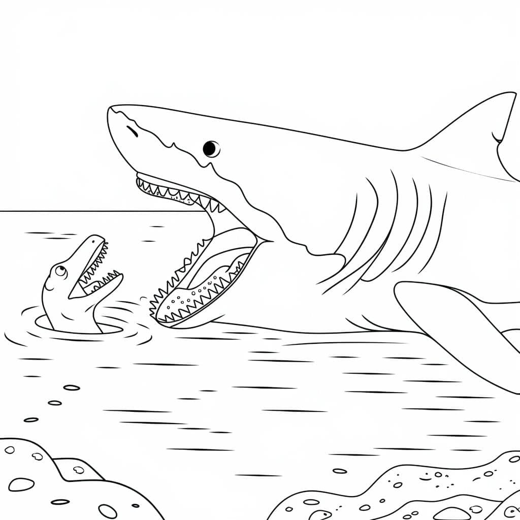 Desenho de Megalodon com Dinossauro para Colorir e Pintar