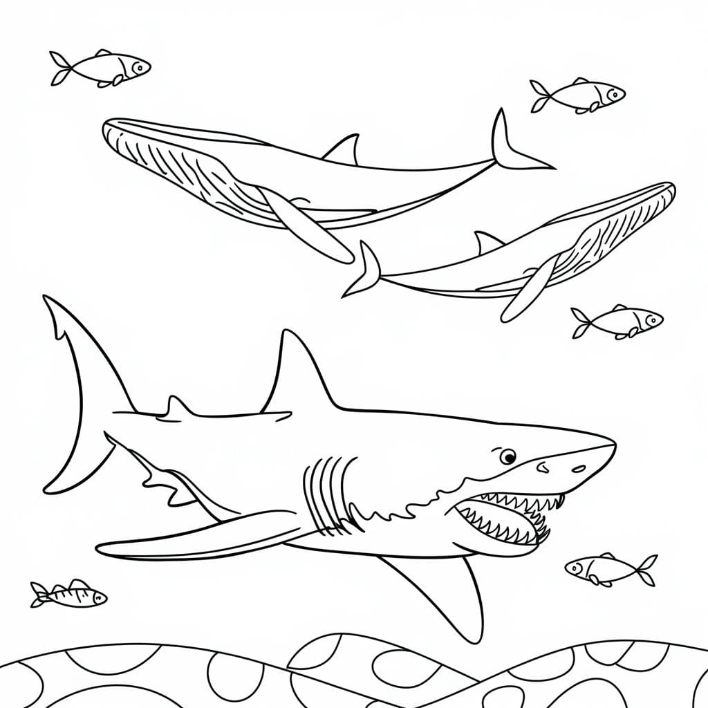 Desenho de Megalodon e Baleias para Colorir e Pintar