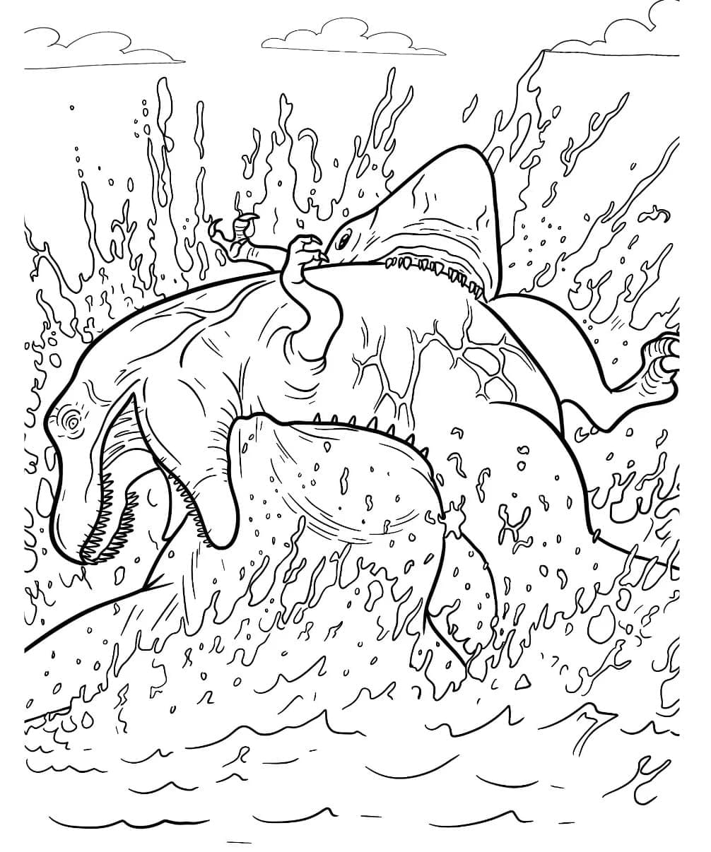 Desenho de Megalodon e Dinossauro para Colorir e Pintar