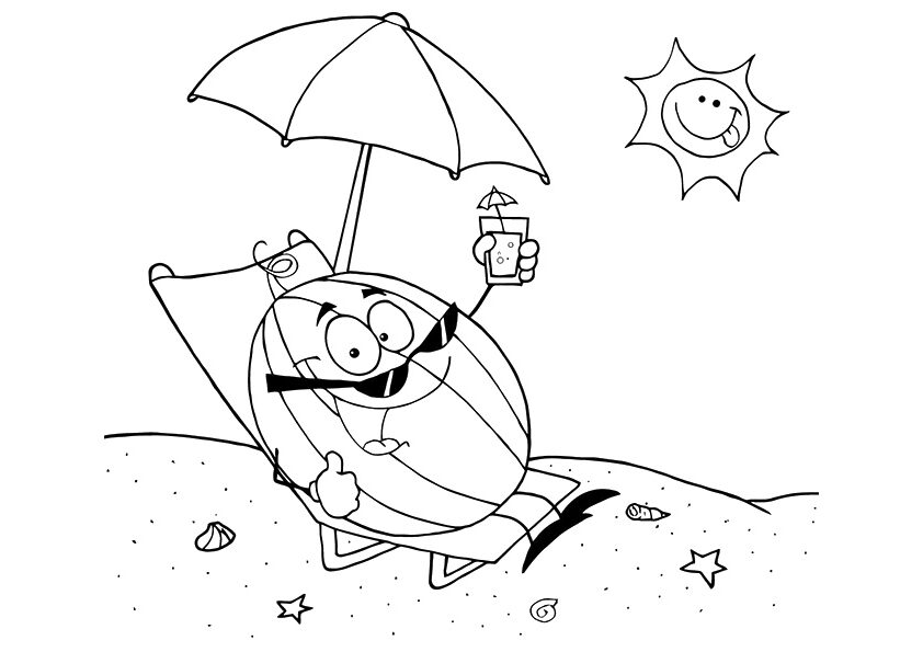 Desenho de Melancia Descansando na Praia para Colorir e Pintar
