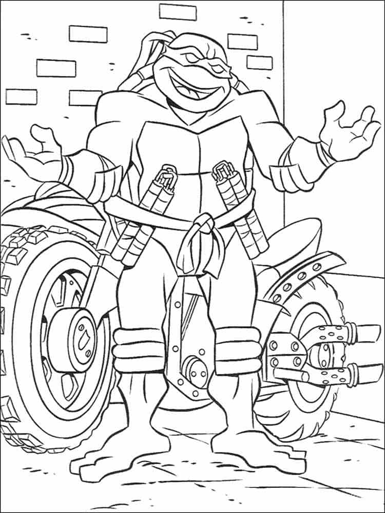 Desenho de Michelangelo Tartarugas Ninjas e Moto para Colorir e Pintar