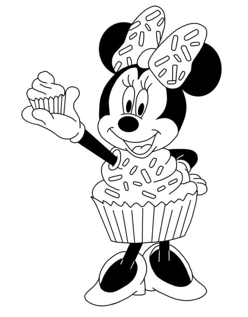Desenho de Minnie Mouse e Cupcake para Colorir e Pintar