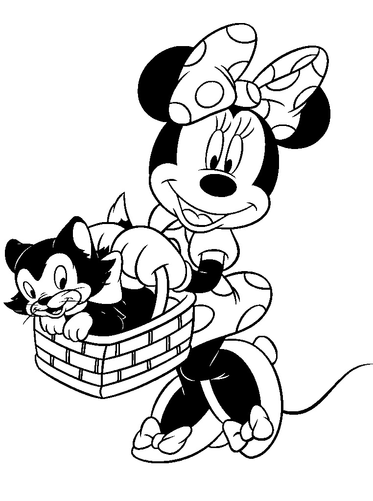 Desenho de Minnie Mouse Passeando com Lindo Gatinho para Colorir e Pintar