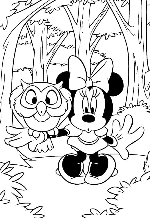 Desenho Minnie com Coruja para Colorir e Pintar
