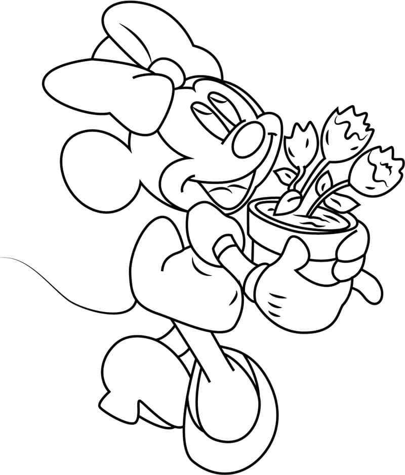 Desenho Minnie com Vaso de Flores para Colorir e Pintar