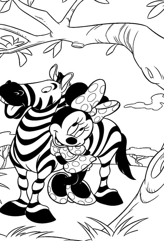Desenho Minnie com Zebra para Colorir e Pintar