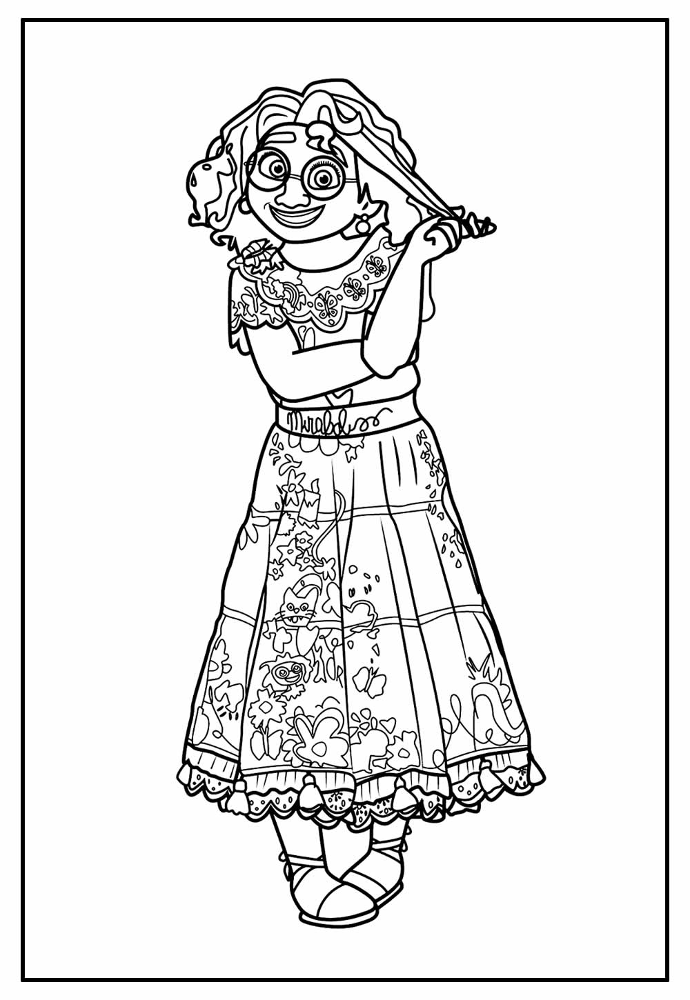 Desenho em Moldura da Mirabel Madrigal com Lindo Vestido para Colorir e Pintar