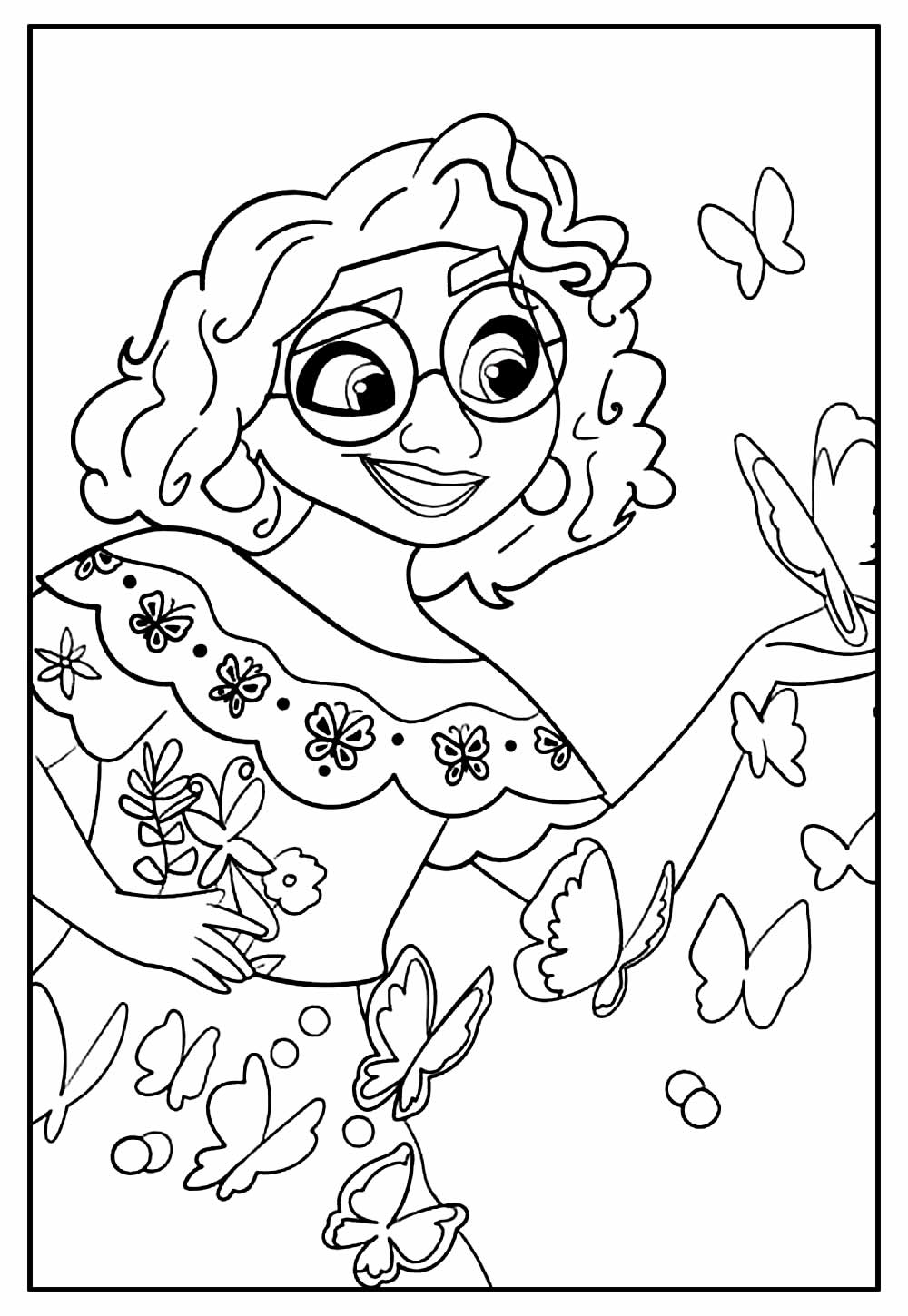Desenho Pdf da Mirabel Madrigal com Lindas Borboletas para Colorir e Pintar
