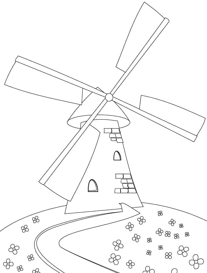 Desenho de Moinho de Vento com Campo para Colorir e Pintar