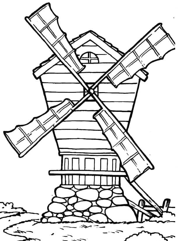 Desenho de Moinho de Vento com Janelas para Colorir e Pintar