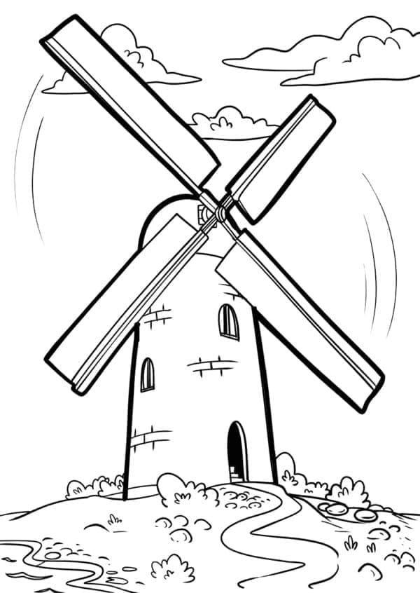 Desenho de Moinho de Vento em Campo de Trigo para Colorir e Pintar