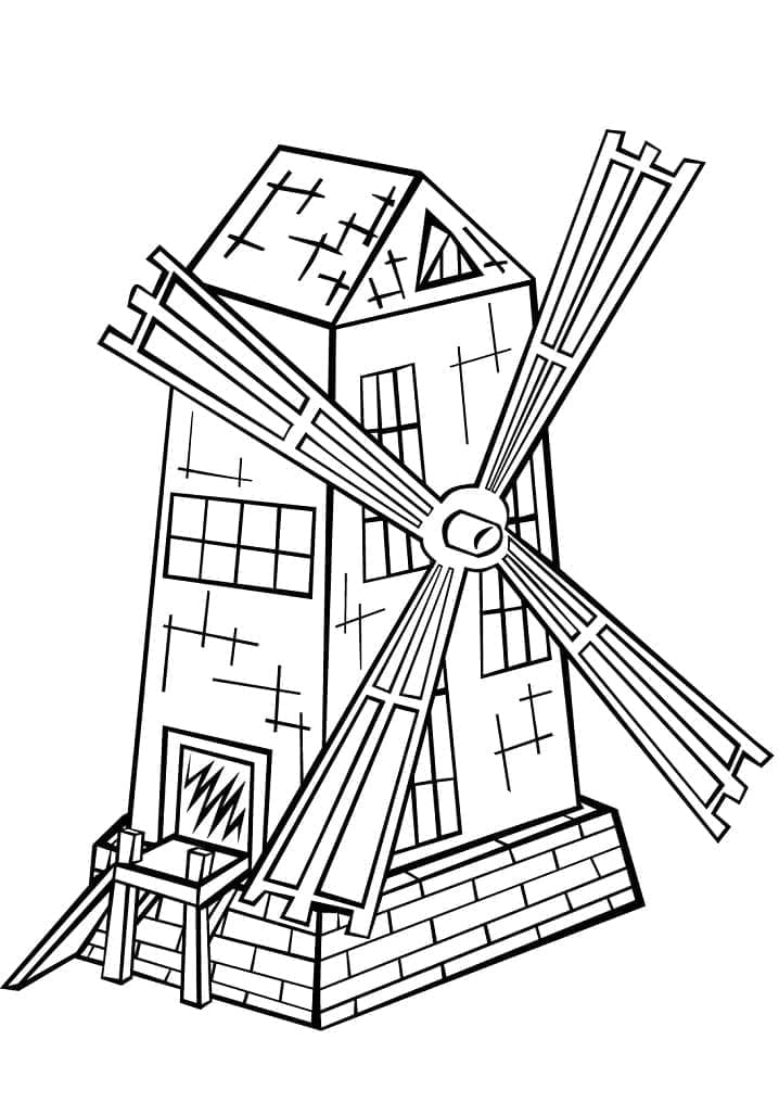 Desenho de Moinho de Vento em Colina para Colorir e Pintar