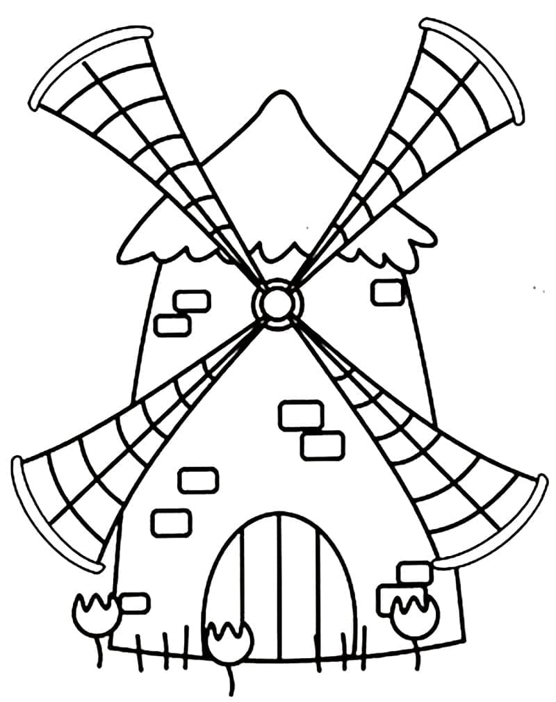 Desenho de Moinho de Vento Simples para Colorir e Pintar