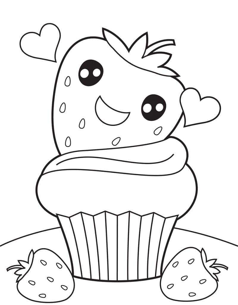 Desenho de Cupcake de Morango Kawaii para Colorir e Pintar