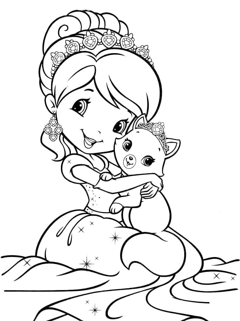 Desenho de Moranguinho e Gatinha para Colorir e Pintar