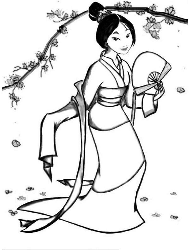 Desenho de Mulan Bonita para Colorir e Pintar
