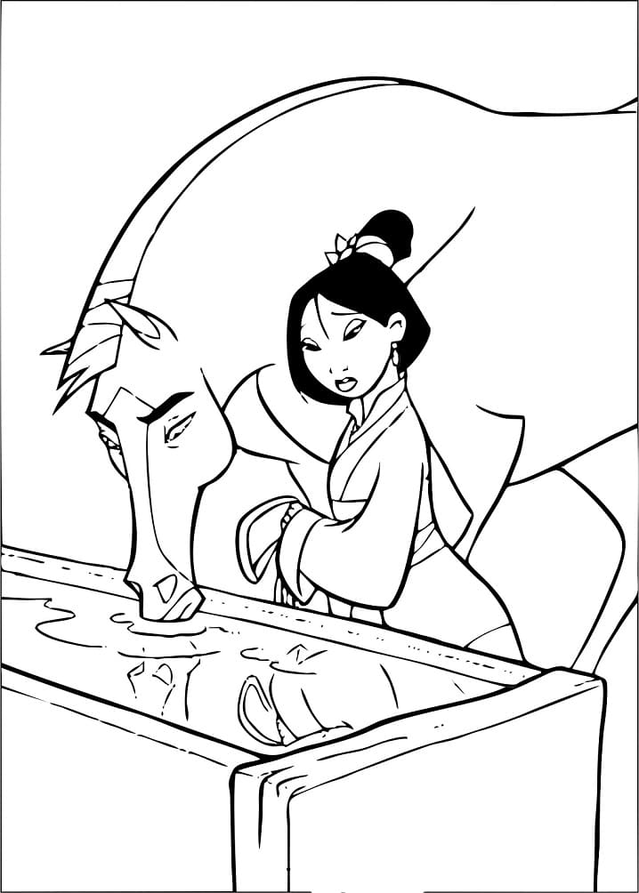 Desenho de Mulan com Cavalo para Colorir e Pintar