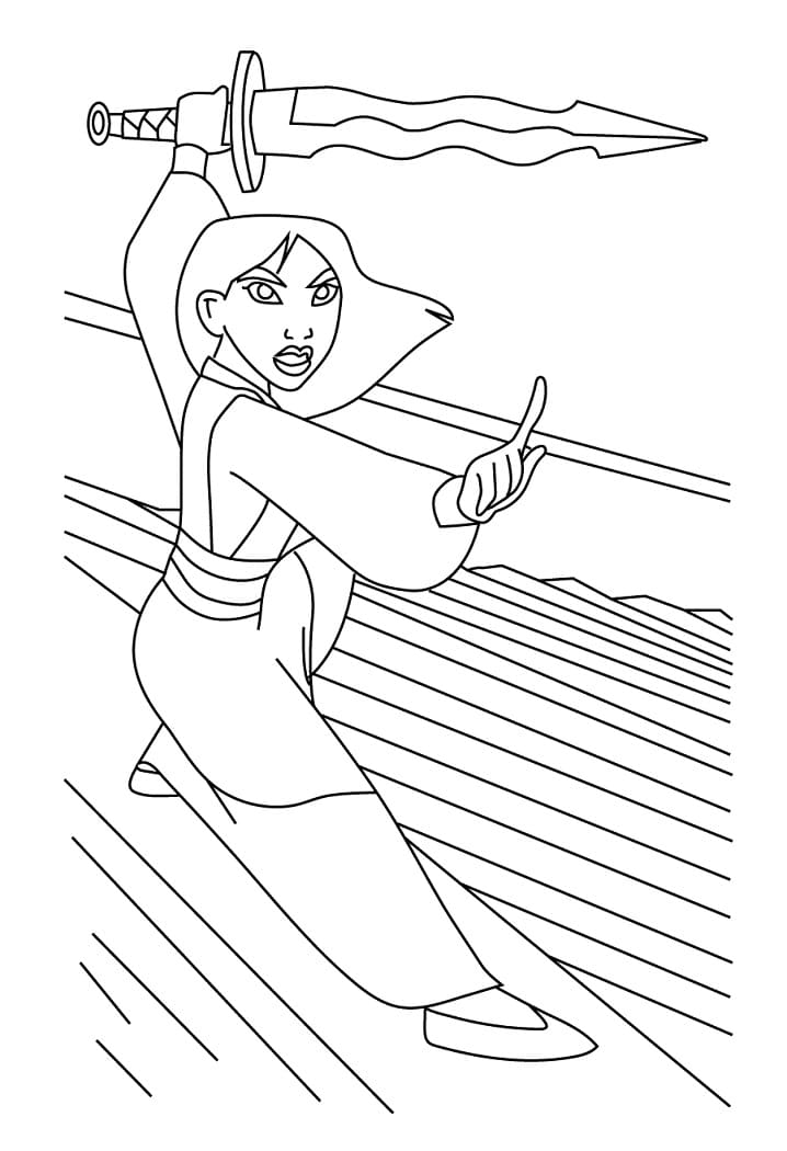 Desenho de Mulan com Espada para Colorir e Pintar