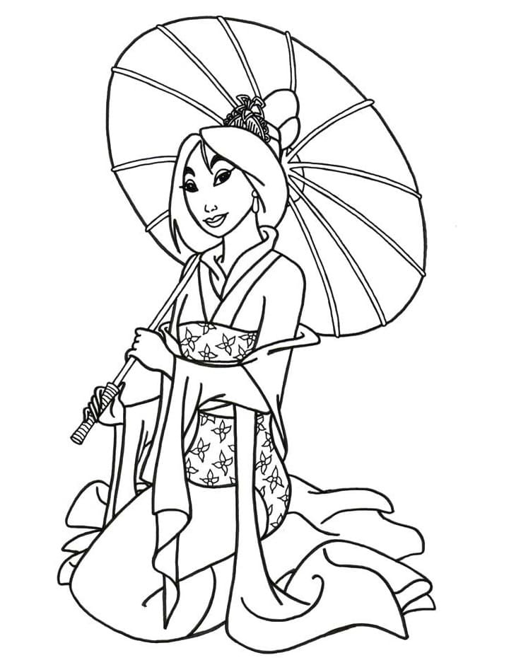 Desenho de Mulan com Guardá Chuva para Colorir e Pintar
