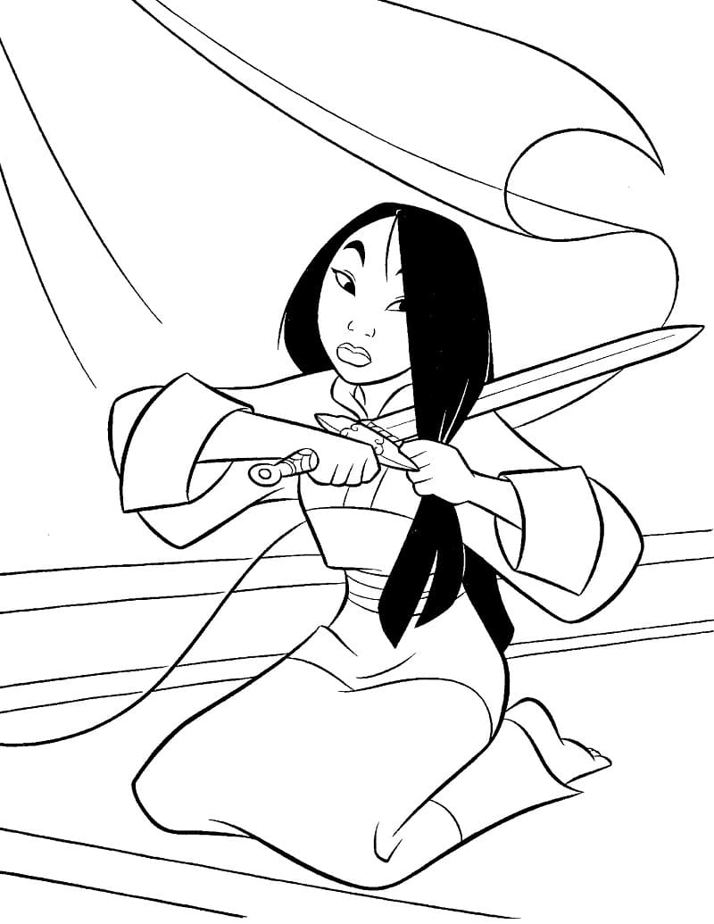 Desenho de Mulan Cortando Cabelo para Colorir e Pintar