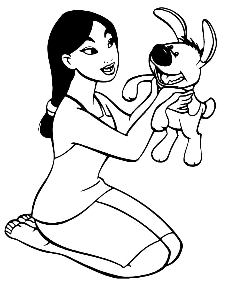 Desenho de Mulan e Cachorrinho para Colorir e Pintar