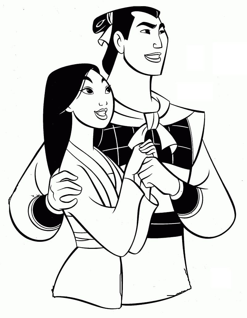 Desenho de Mulan e Li Shang para Colorir e Pintar