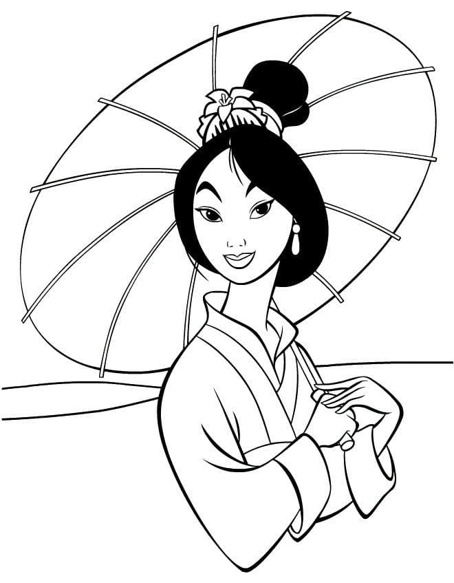Desenho de Mulan Segurando Guardá Chuva para Colorir e Pintar