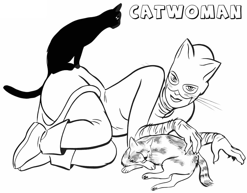 Desenho da Mulher Gato e Gatos para Colorir e Pintar